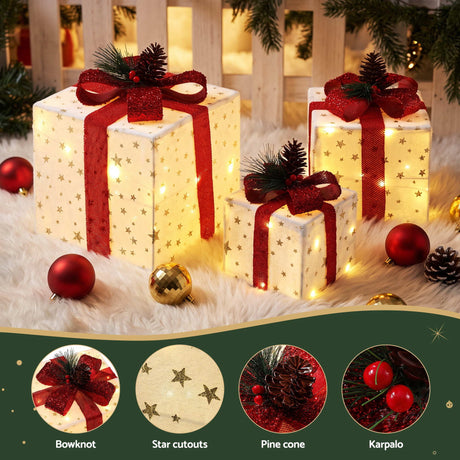 The three lit gift boxes shown again, eight lighting modes.