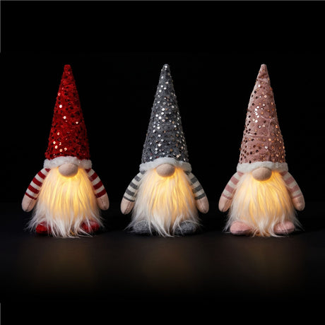 Set of three light-up plush Christmas gnomes with warm white LEDs.