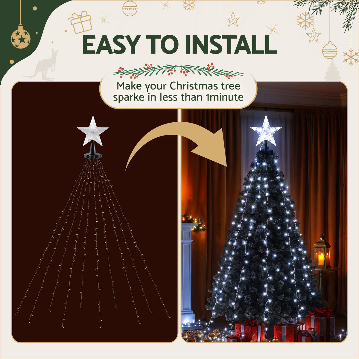 The 2.5m waterfall tree lights shown again, eight lighting modes.