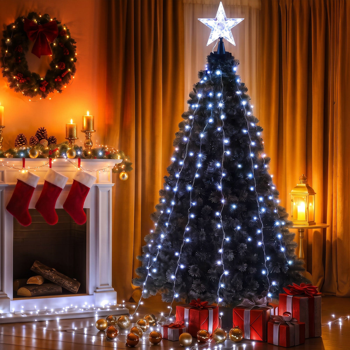 The 2.5m waterfall tree lights shown again, for outdoor use.