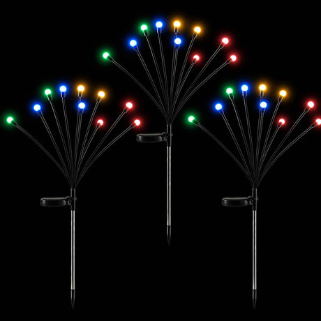 Three solar firefly garden lights with multicoloured LEDs on flexible stems.