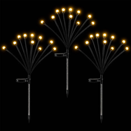 Three solar firefly garden lights with warm white LEDs on flexible stems.