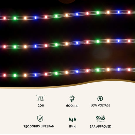 Another view of the 20m multicoloured rope light, for indoor or outdoor use.