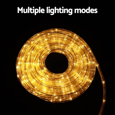 The 20m warm white rope light shown again, mains powered with a transformer.