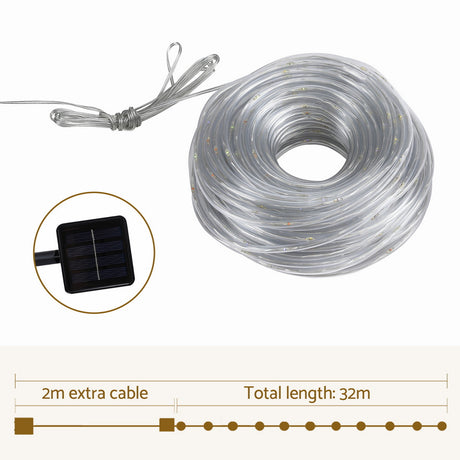 Another view of the 30m multicoloured rope light, mains powered with a transformer.