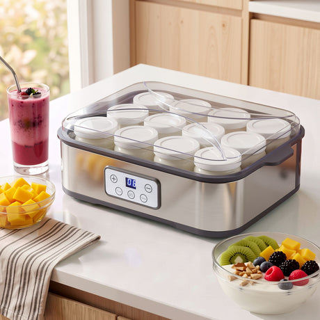 Devanti Yoghurt Maker Machine with 12x180ml Glass Cups Temp Control Grey.