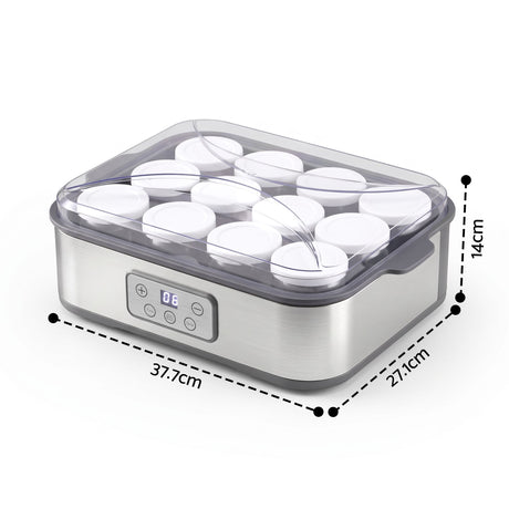 Devanti Yoghurt Maker Machine with 12x180ml Glass Cups Temp Control Grey.