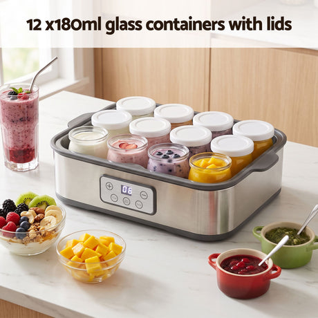 Devanti Yoghurt Maker Machine with 12x180ml Glass Cups Temp Control Grey.
