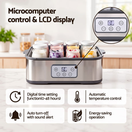 Devanti Yoghurt Maker Machine with 12x180ml Glass Cups Temp Control Grey.