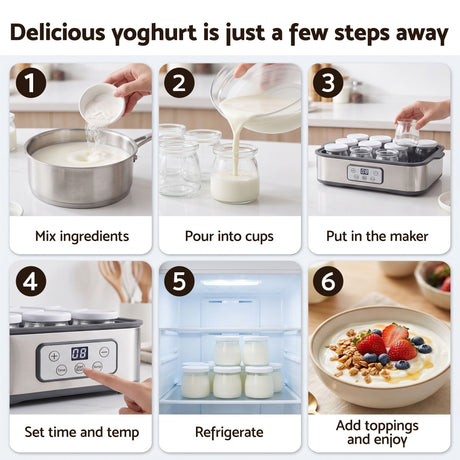 Devanti Yoghurt Maker Machine with 12x180ml Glass Cups Temp Control Grey.