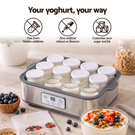 Devanti Yoghurt Maker Machine with 12x180ml Glass Cups Temp Control Grey.