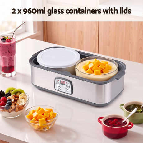 Devanti Greek Yoghurt Maker Machine 2x960ml Large Tubs Temp Control Grey.