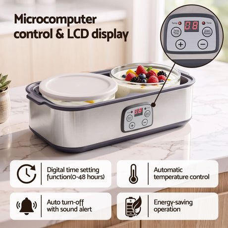 Devanti Greek Yoghurt Maker Machine 2x960ml Large Tubs Temp Control Grey.