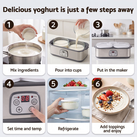 Devanti Greek Yoghurt Maker Machine 2x960ml Large Tubs Temp Control Grey.