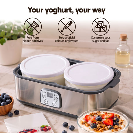 Devanti Greek Yoghurt Maker Machine 2x960ml Large Tubs Temp Control Grey.