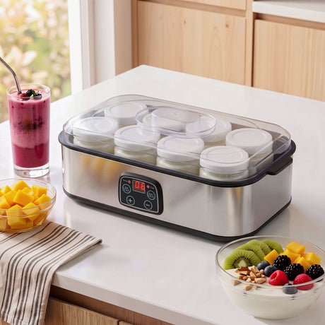 Devanti Yoghurt Maker Machine with 8x180ml Glass Cups Temp Control Black.