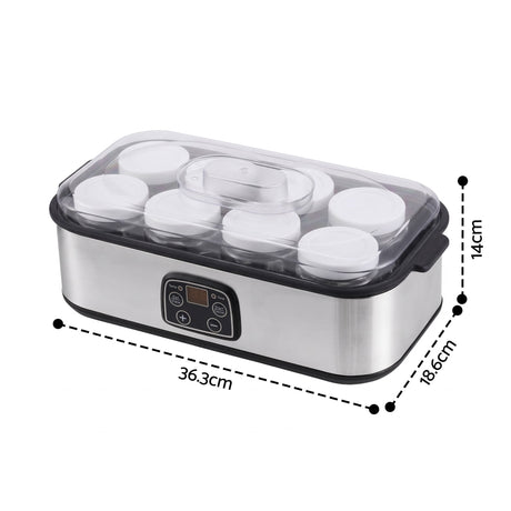 Devanti Yoghurt Maker Machine with 8x180ml Glass Cups Temp Control Black.
