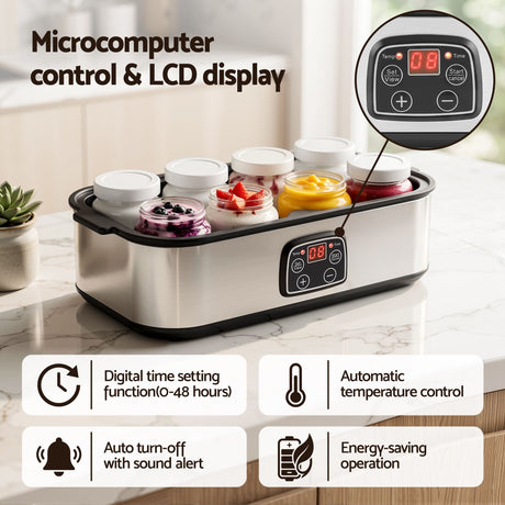 Devanti Yoghurt Maker Machine with 8x180ml Glass Cups Temp Control Black.
