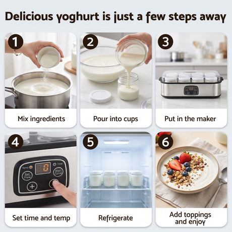 Devanti Yoghurt Maker Machine with 8x180ml Glass Cups Temp Control Black.