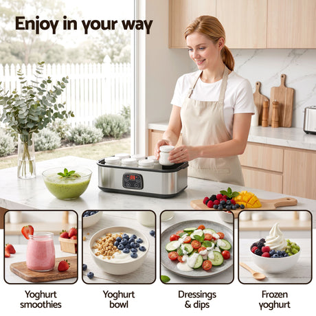 Devanti Yoghurt Maker Machine with 8x180ml Glass Cups Temp Control Black.