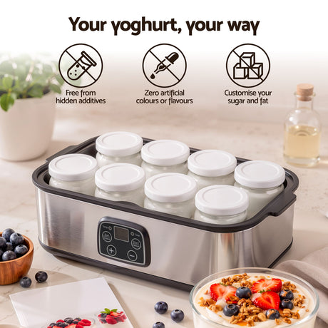Devanti Yoghurt Maker Machine with 8x180ml Glass Cups Temp Control Black.