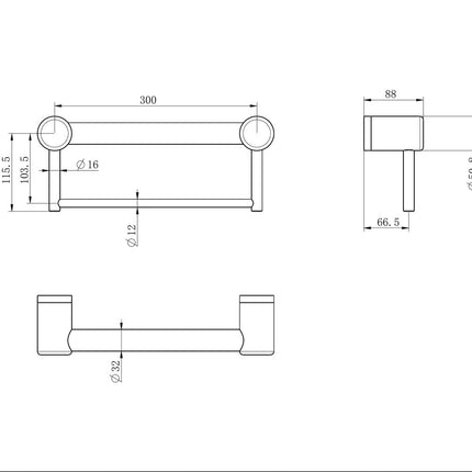 Nero Mecca Care 32mm Grab Rail With Towel Holder 300mm Chrome