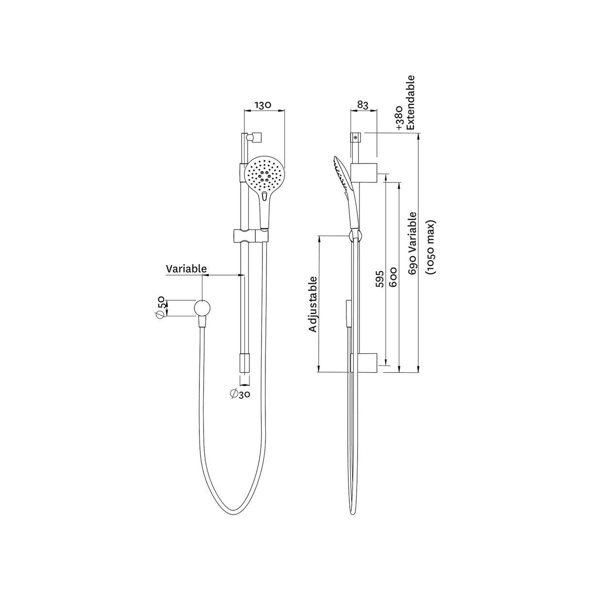 Methven Easy Click 3 Function Telescopic Rail Shower WELS 4 Star 7.5L/min