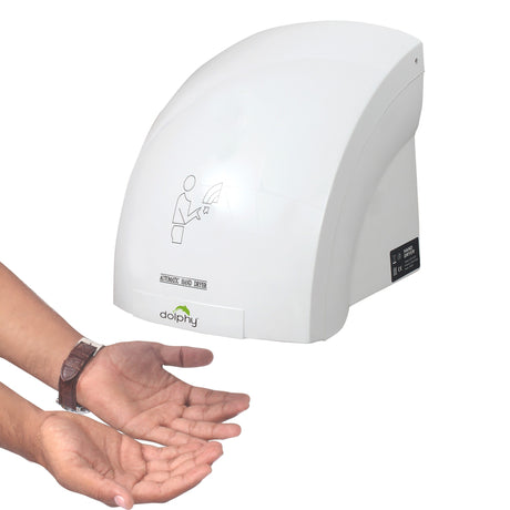 Dolphy Eco hand dryer side view with hands held under the touchless sensor