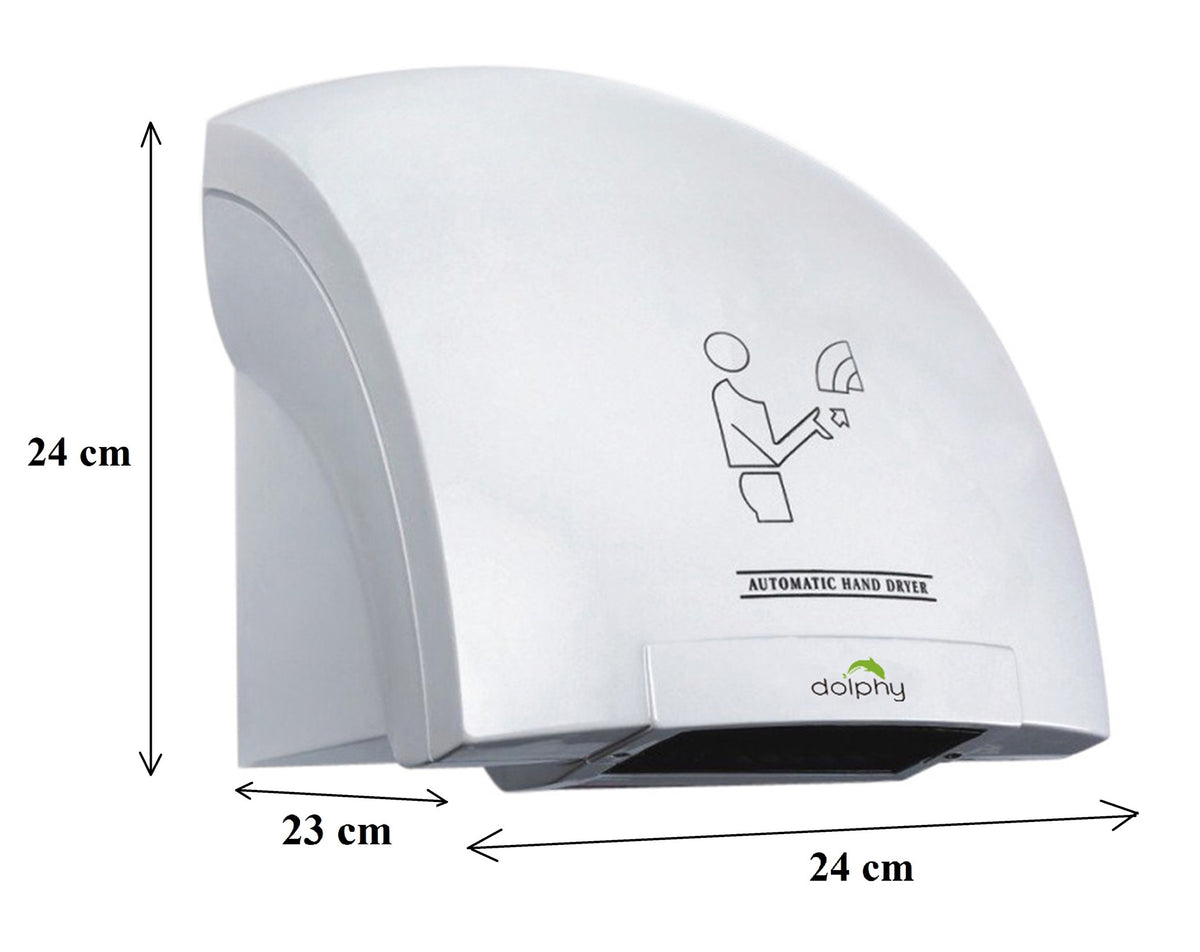 Dolphy Eco touchless hand dryer dimensions: 24 cm high, 24 cm wide, 23 cm deep