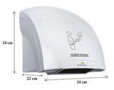 Dolphy Eco touchless hand dryer dimensions: 24 cm high, 24 cm wide, 23 cm deep