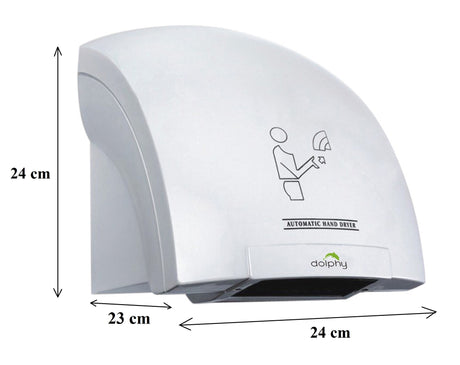 Dolphy Eco touchless hand dryer dimensions: 24 cm high, 24 cm wide, 23 cm deep