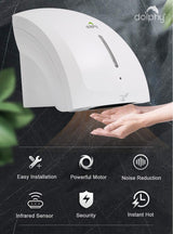 Dolphy Eco Pro hand dryer features: easy installation, powerful motor, infrared sensor, low noise