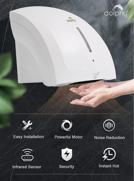 Dolphy Eco Pro hand dryer features: easy installation, powerful motor, infrared sensor, low noise