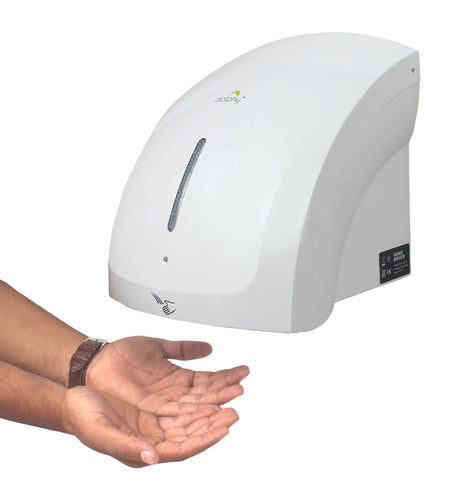 Dolphy Eco Pro hand dryer side view with hands under the touchless sensor