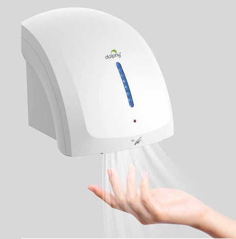 Dolphy Eco Pro white hand dryer blowing air onto a hand held beneath the sensor
