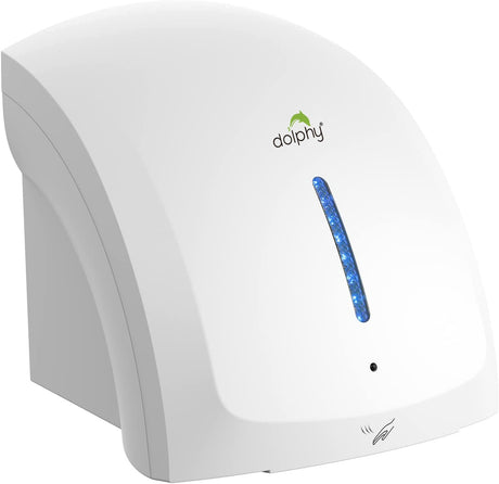 Dolphy Eco Pro automatic hand dryer in white, front view with blue LED strip