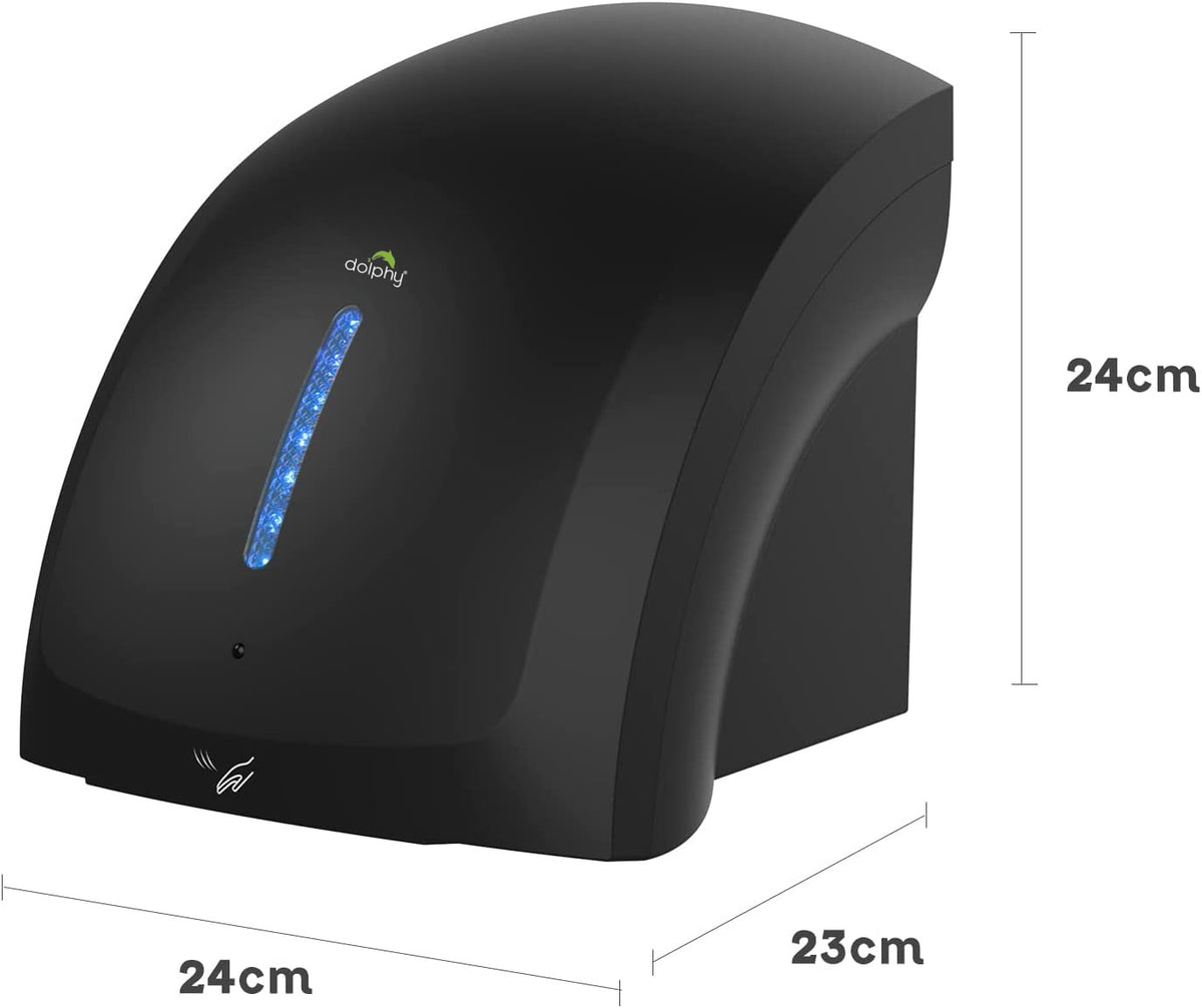 Dolphy Eco Pro black hand dryer dimensions: 24 cm high, 24 cm wide, 23 cm deep