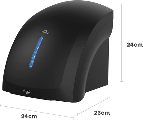 Dolphy Eco Pro black hand dryer dimensions: 24 cm high, 24 cm wide, 23 cm deep