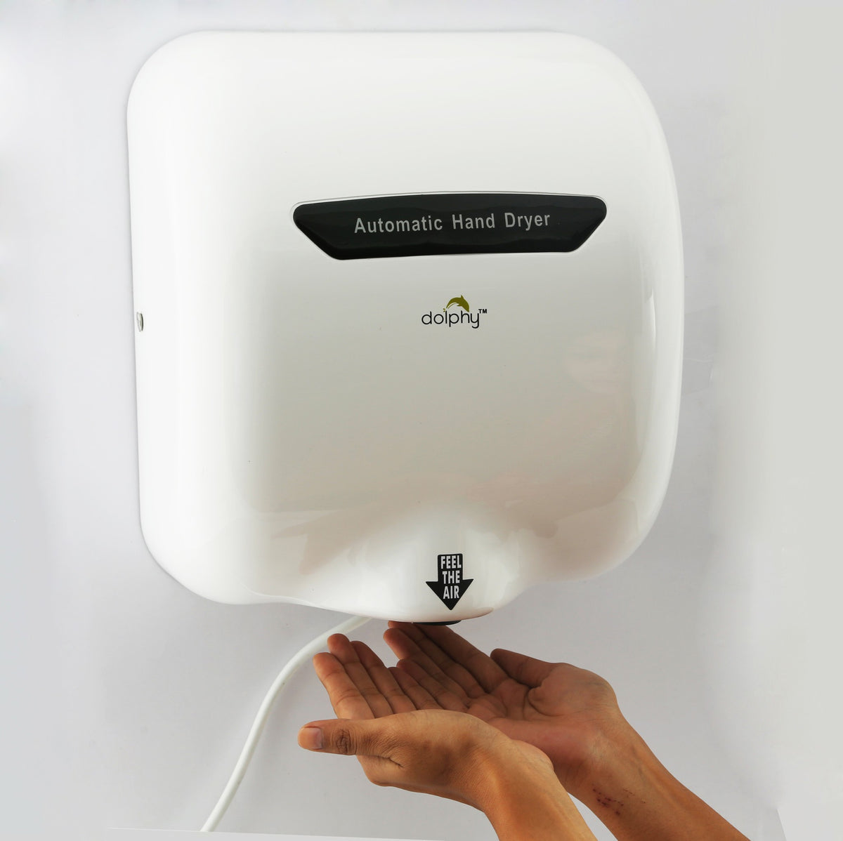 Dolphy European style automatic hand dryer on a wall, drying hands, real product photo