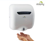 Dolphy European style white hand dryer with hands held under the air outlet