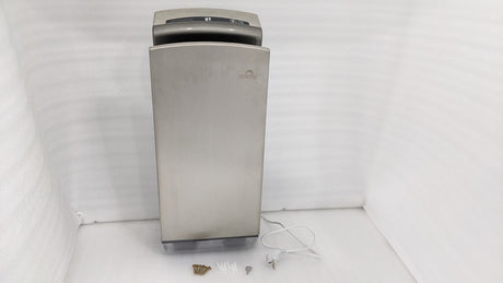 Dolphy 1650W silver jet hand dryer, front view with wall plate and fixings