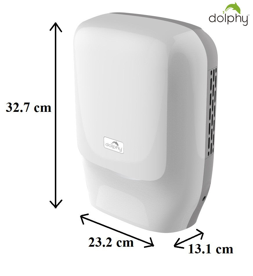 Dolphy 1450W touchless hand dryer dimensions: 32.7 cm high, 23.2 cm wide, 13.1 cm deep