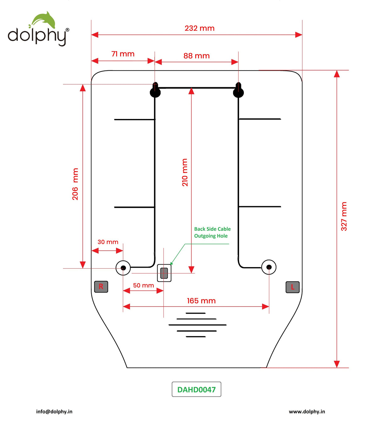 Dolphy DAHD0047 hand dryer wall-mounting template with screw hole spacing