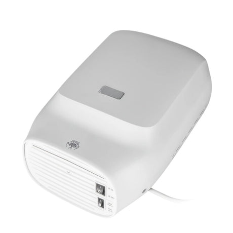 Underside of the Dolphy 1450W hand dryer showing the air outlet grille and switches