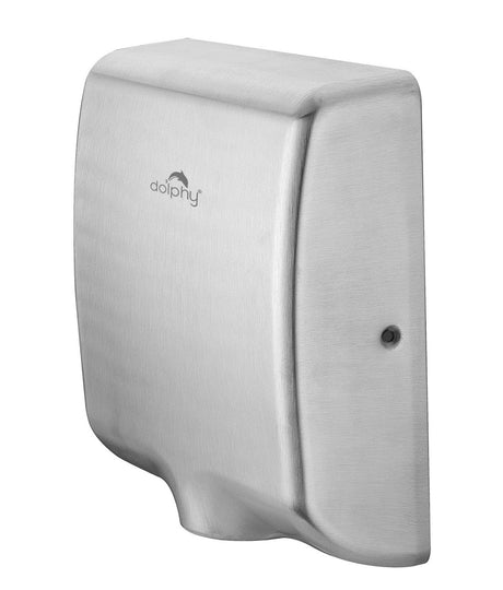 Dolphy Tornado stainless steel hand dryer, side view showing its slim wall profile