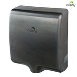 Dolphy Tornado brushed stainless steel hand dryer, angled front view