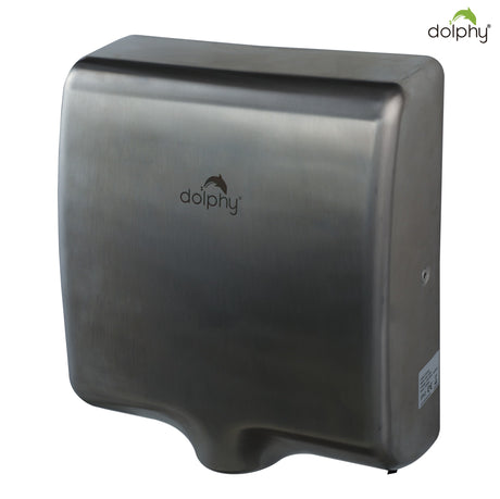 Dolphy Tornado brushed stainless steel hand dryer, angled front view