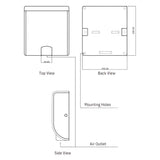 Dolphy Tornado hand dryer diagram: top, back and side views, 320 x 290 mm, mounting holes and air outlet