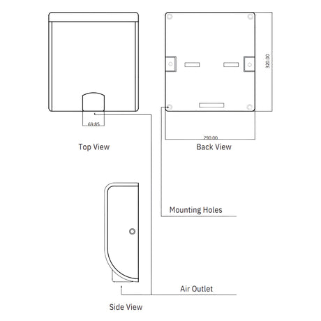 Dolphy Tornado hand dryer diagram: top, back and side views, 320 x 290 mm, mounting holes and air outlet