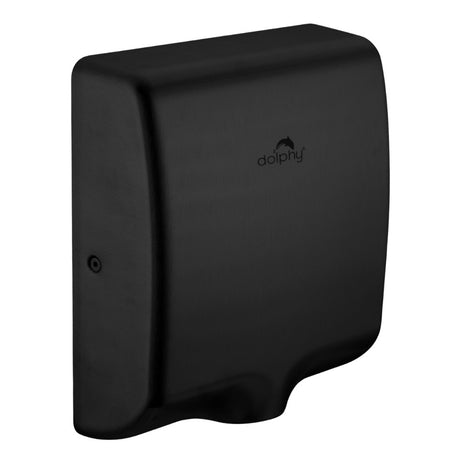 Dolphy Tornado black hand dryer, side angle showing the slim wall-mounted body